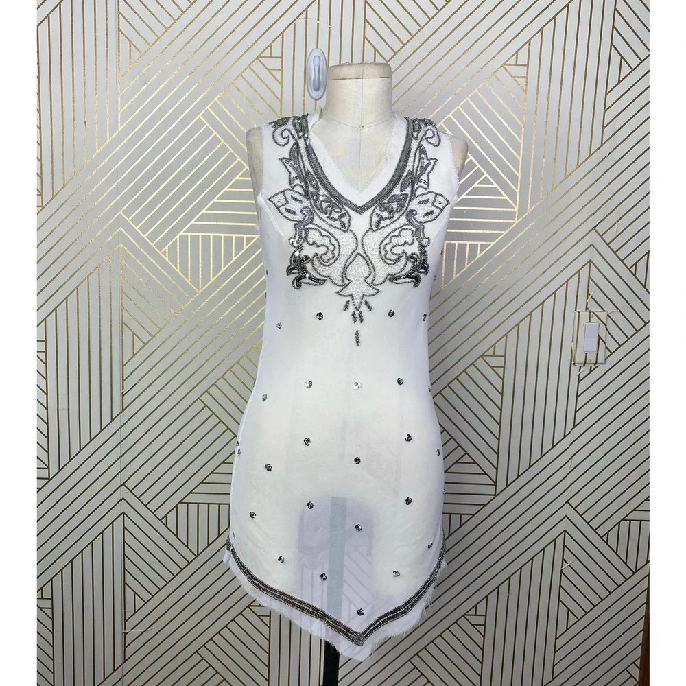 RAGA White Sheer Silver Sequin‎ Beaded Dress
